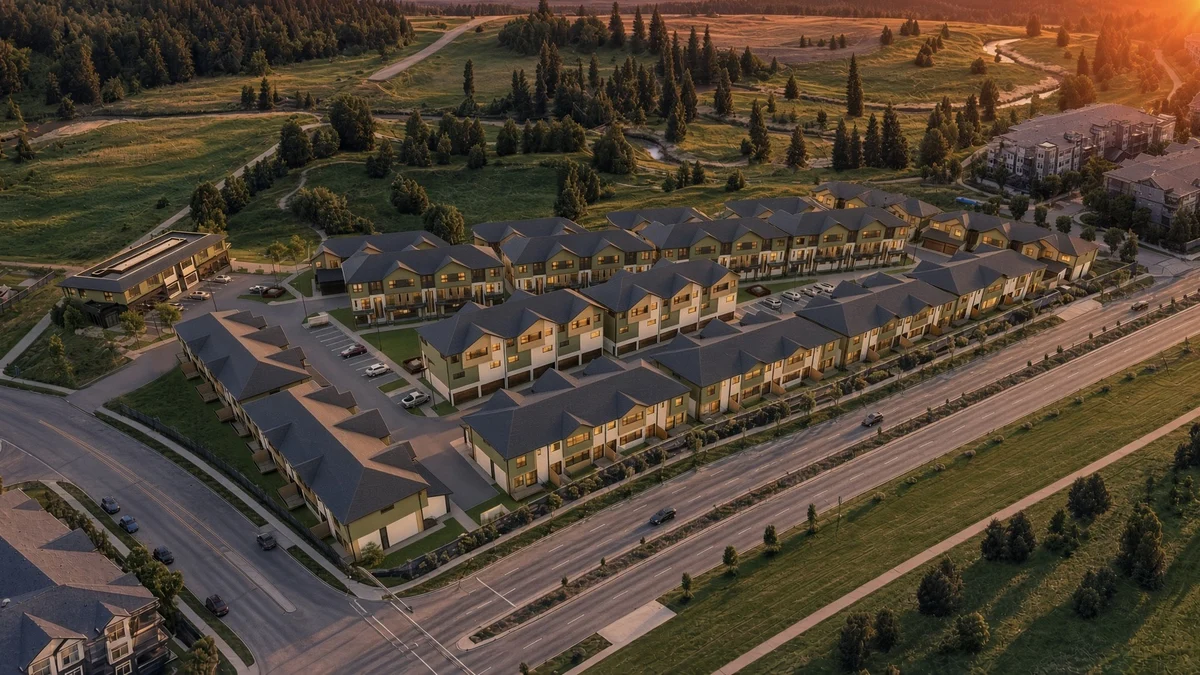 Overhead artist rendering of the planned Creek Ridge townhomes, surrounding roads, ravine and green space.